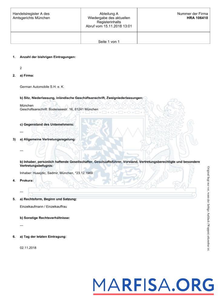 Realistic Germany District Court of Munich business registration template in Word and PDF format